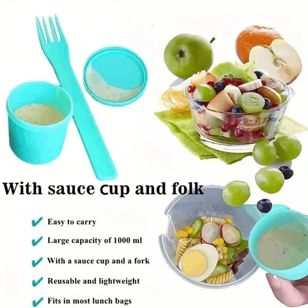 Salad Vegetable Fruit Cup Container with Lid, Fork, and Salad Dressing Holder